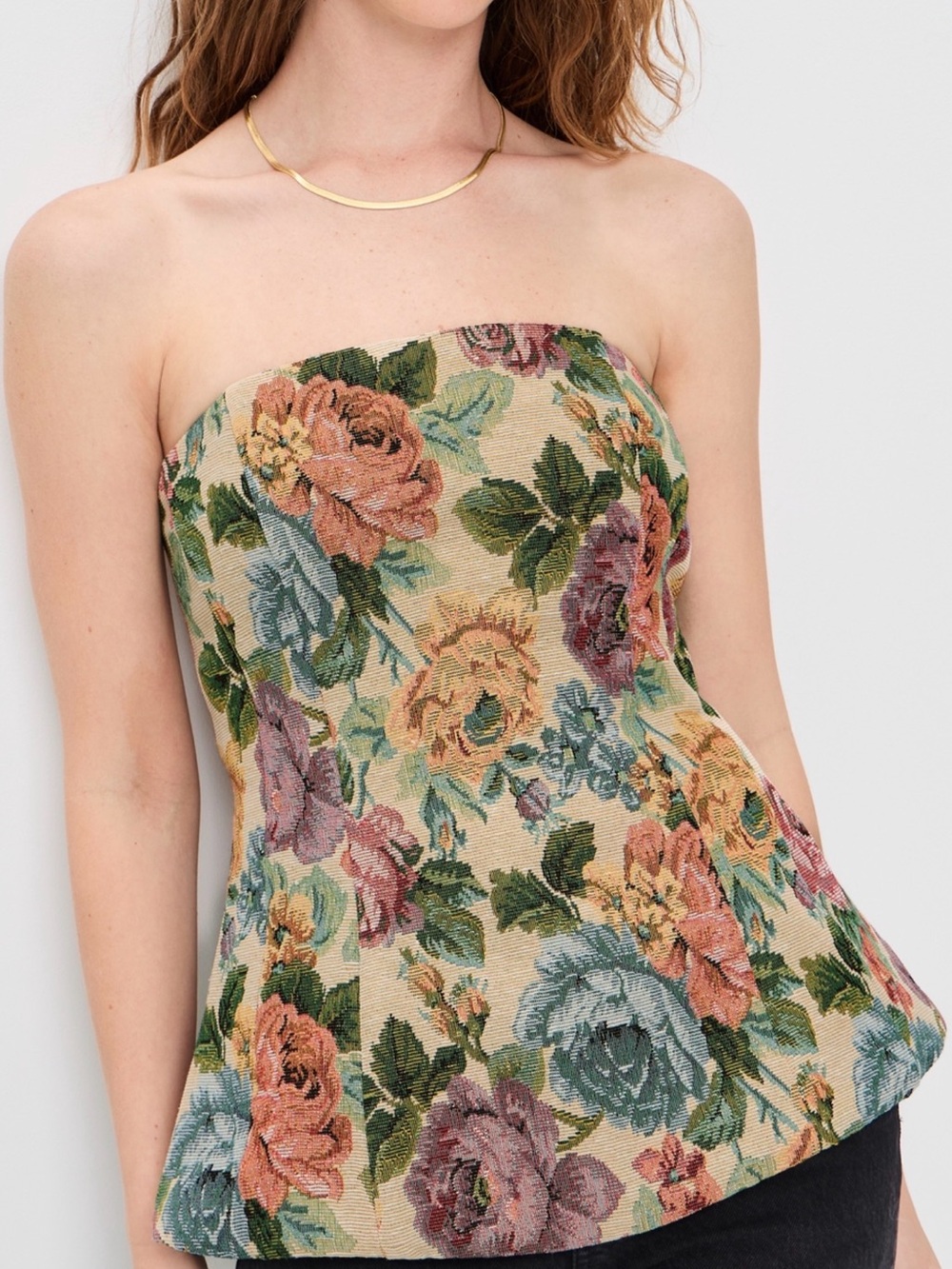 Floral Strapless Bustier Camisole - Beige Multi